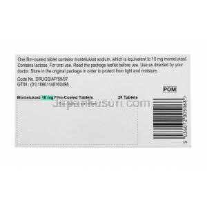 モンテルカスト,シングレアジェネリック  10mg 錠 シート 箱裏面